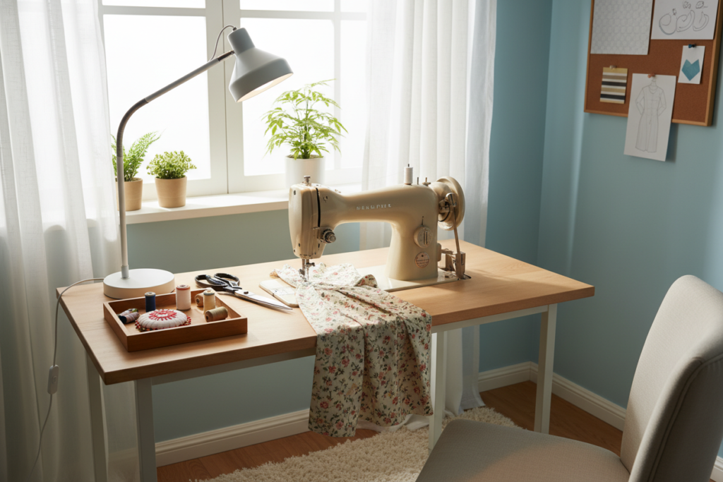 well-lit sewing machine workspace with task lighting