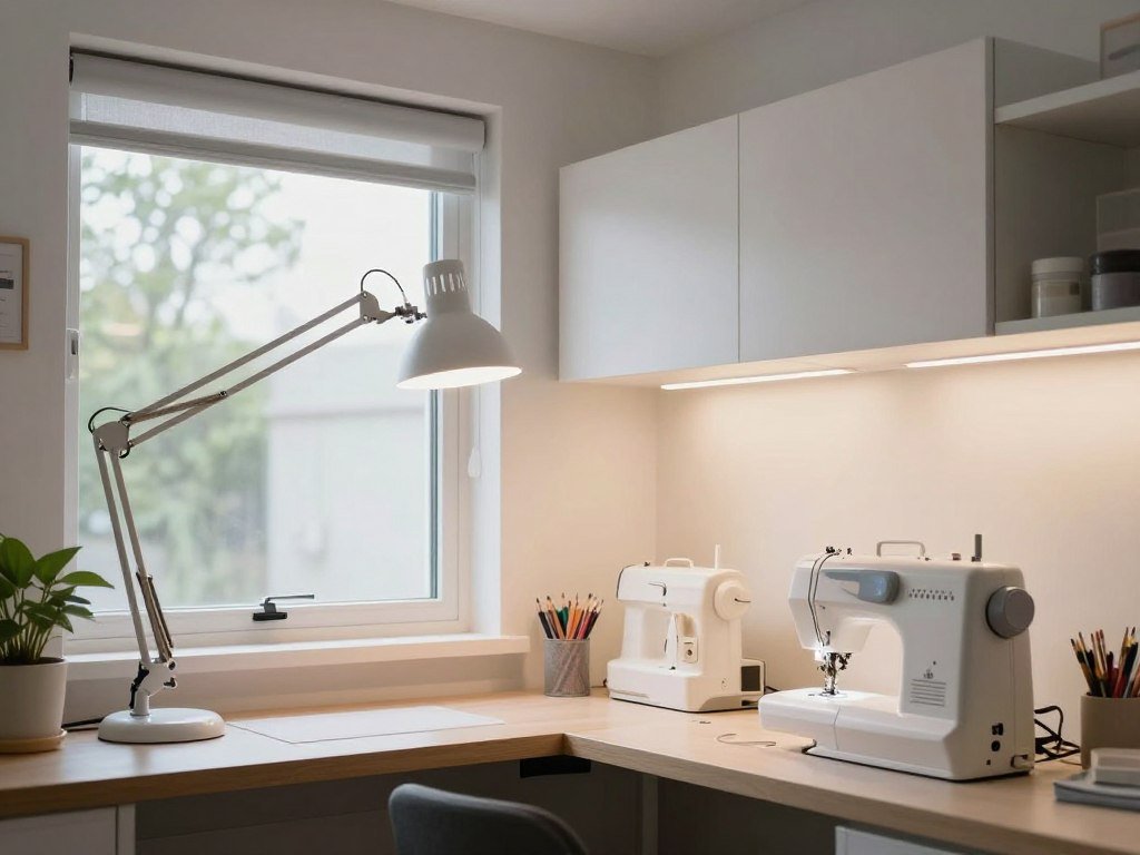 well-lit sewing workspace with multiple light sources