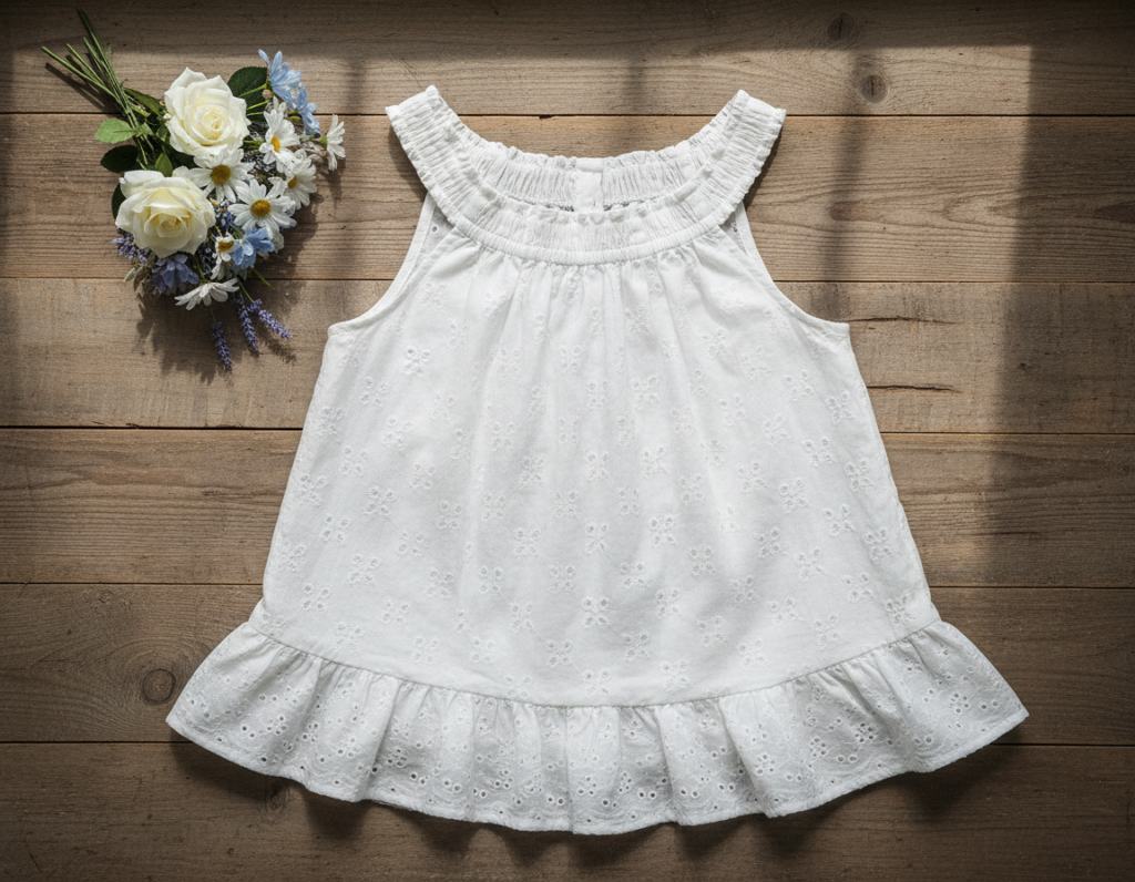 white eyelet sleeveless summer top with gathered neckline