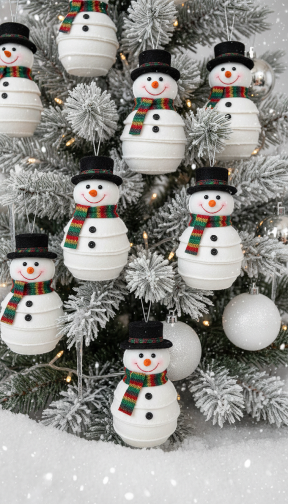 white fabric snowman ornaments with scarves and hats