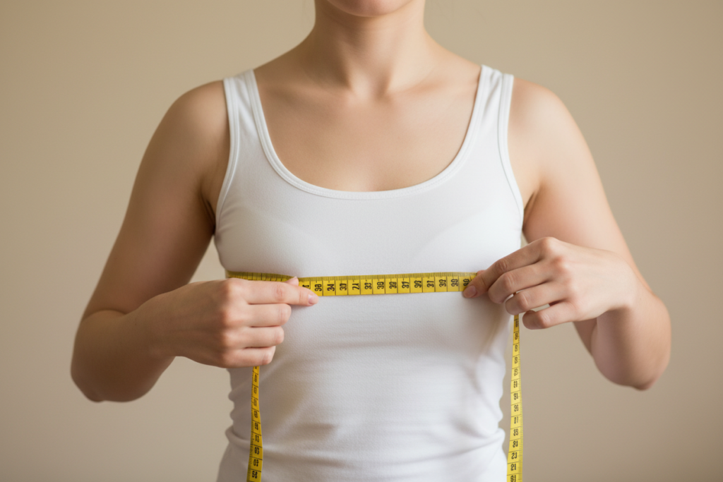 woman measuring bust circumference with flexible measuring tape