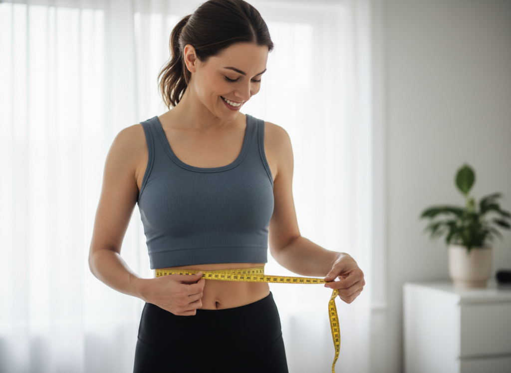 woman taking body measurements with measuring tape for dress sewing
