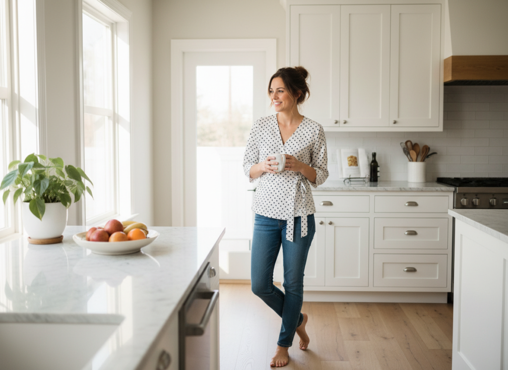 woman wearing casual wrap top with tie waist and jeans