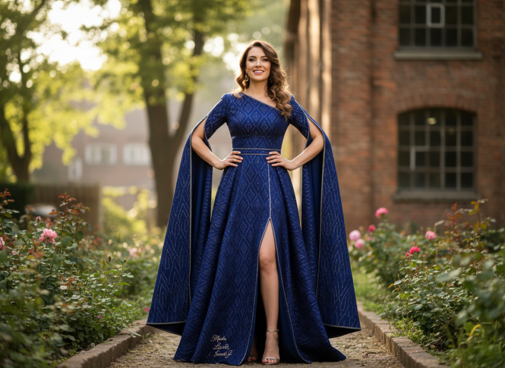 woman wearing handmade dress she created herself looking confident