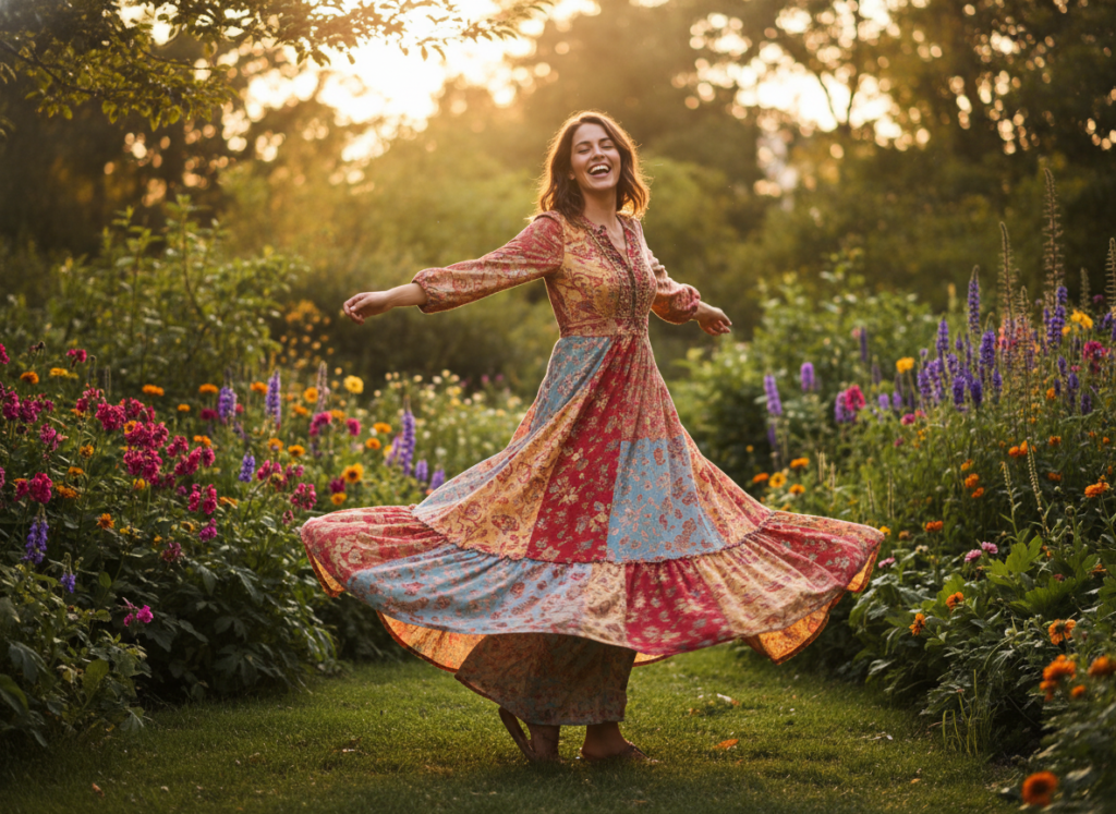 woman wearing handmade maxi dress twirling outdoors