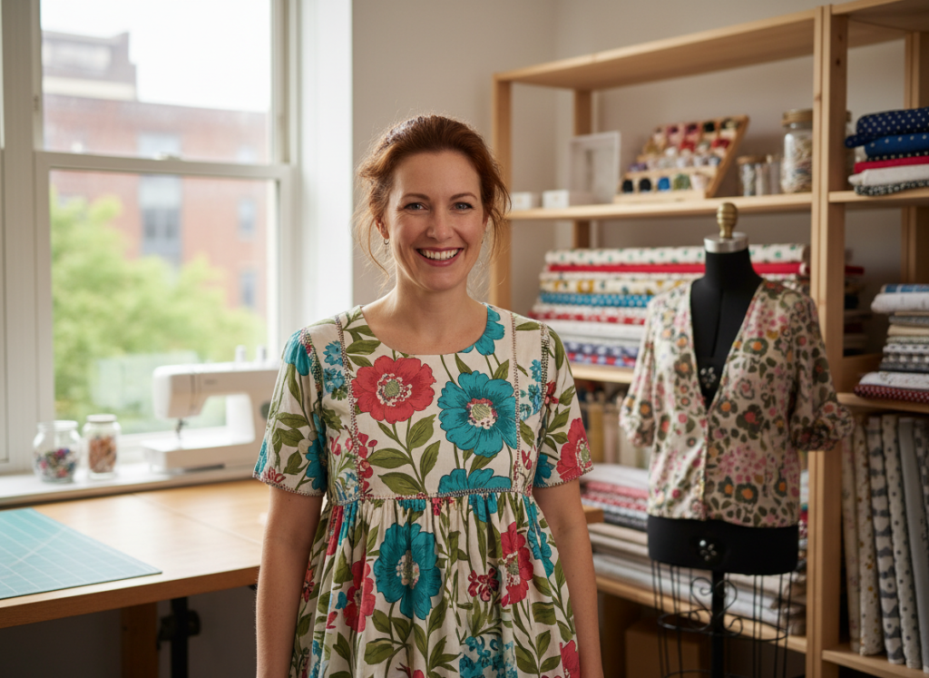 woman wearing handmade top standing confidently with sewing patterns