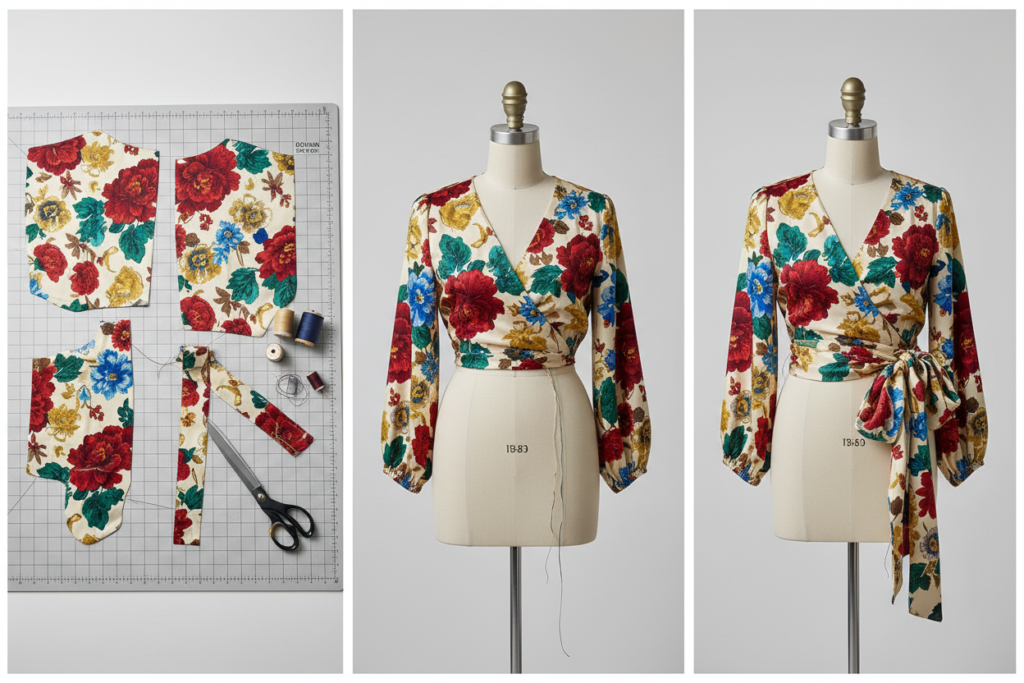 wrap top sewing project showing construction process and styling options