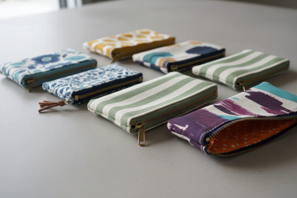 zippered pouches in various fabrics and sizes