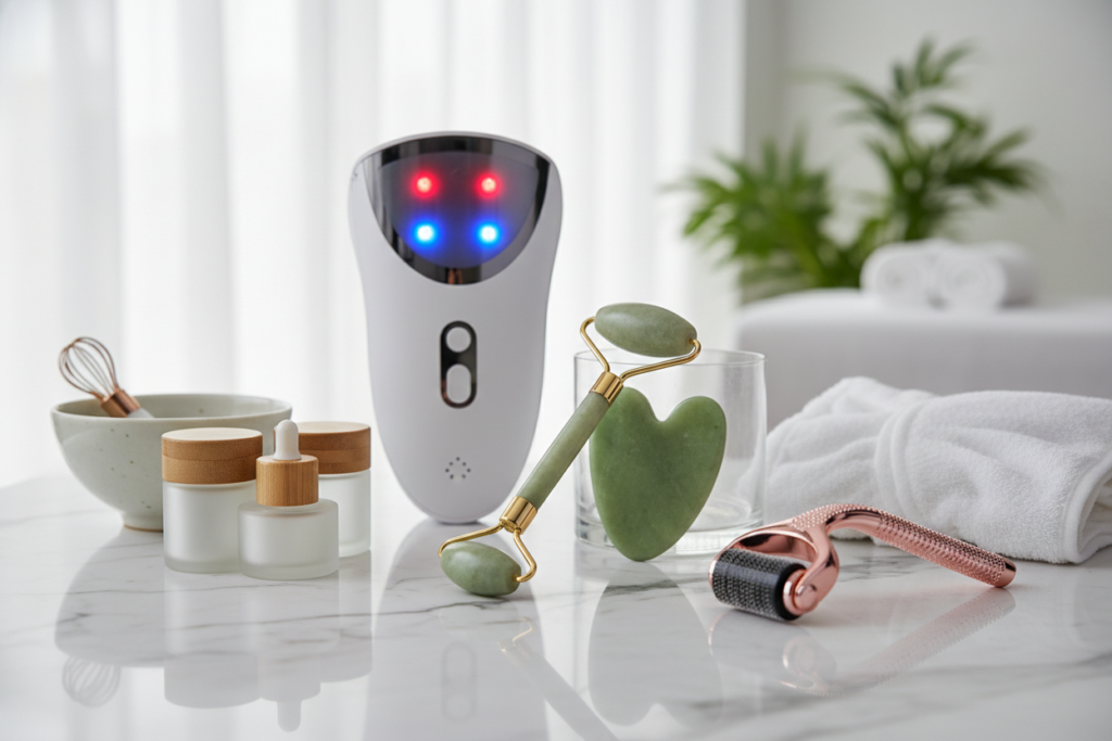 Advanced skincare tools including jade roller and gua sha