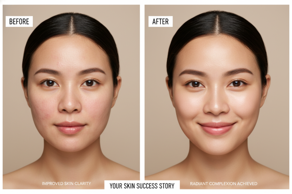 Before and after transformation showing clear glowing skin results