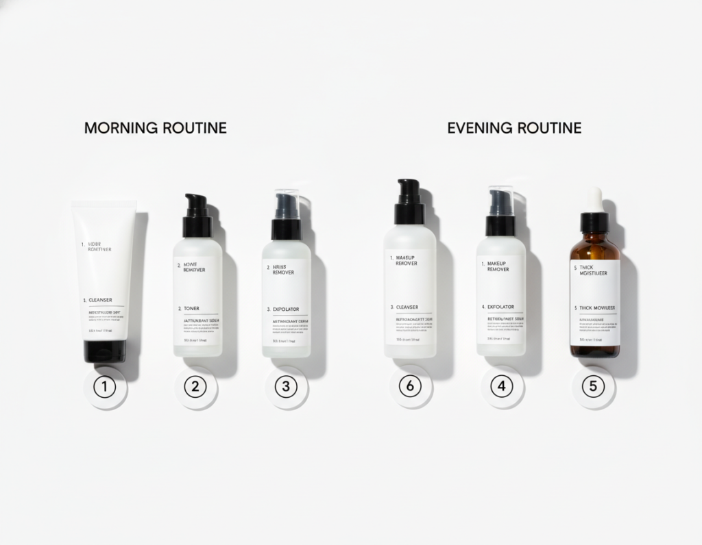 Complete daily skincare routine for how to get clear skin fast laid out step by step