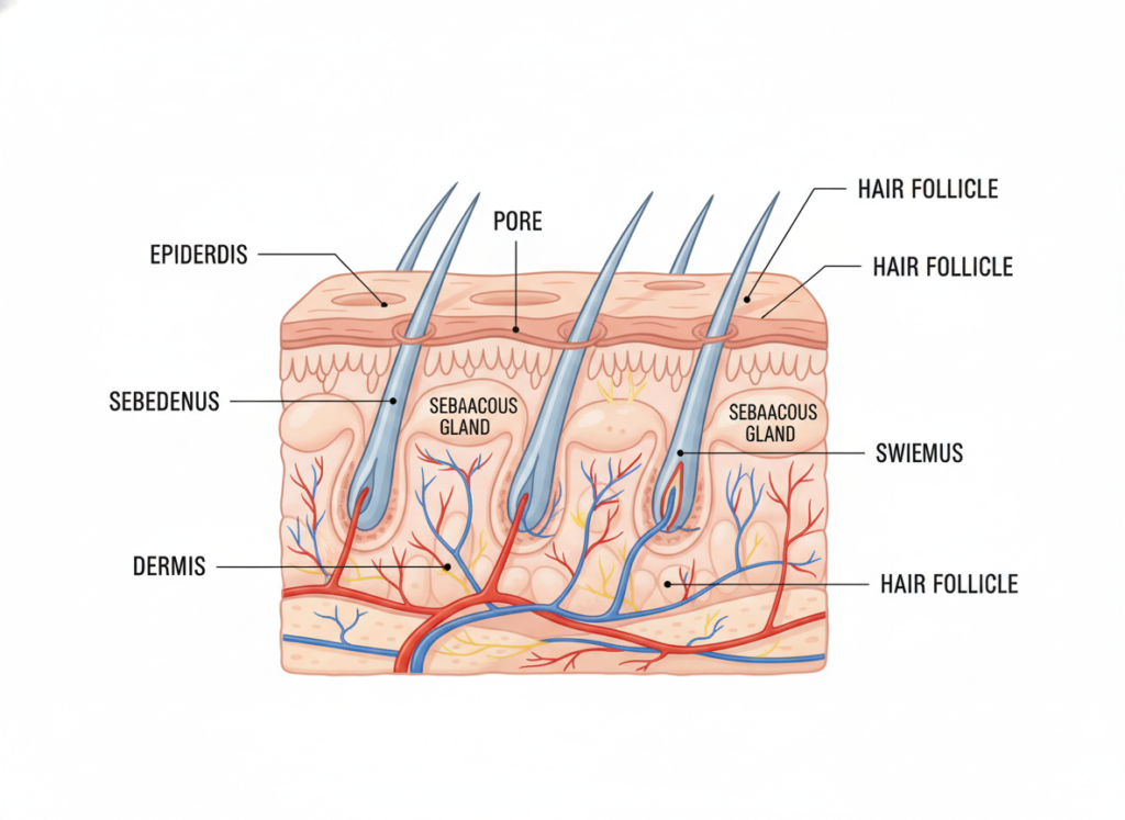 Diagram showing layers of skin and how to get clear skin fast through proper care
