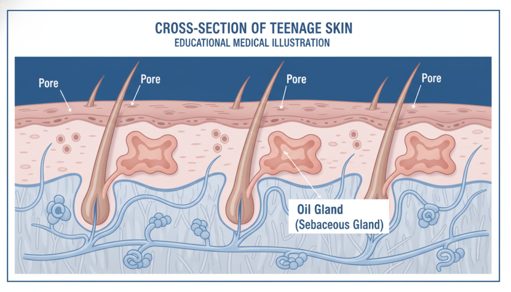 Diagram showing teenage skin layers and oil glands