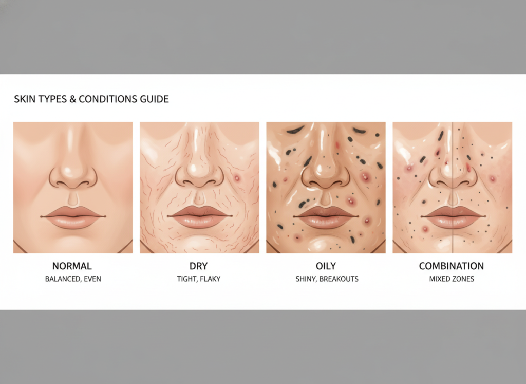 Different skin types comparison showing various skin textures and tones