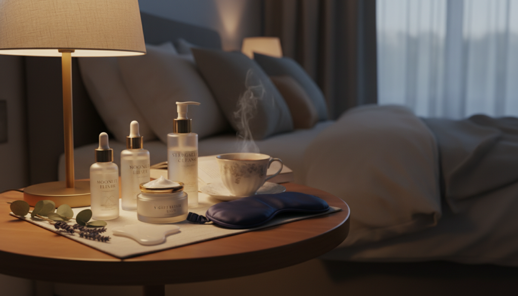 Evening skincare routine setup with night creams and treatments