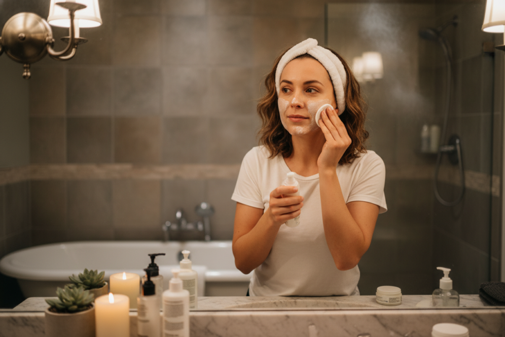 Evening skincare routine showing how to get clear skin fast through nighttime care