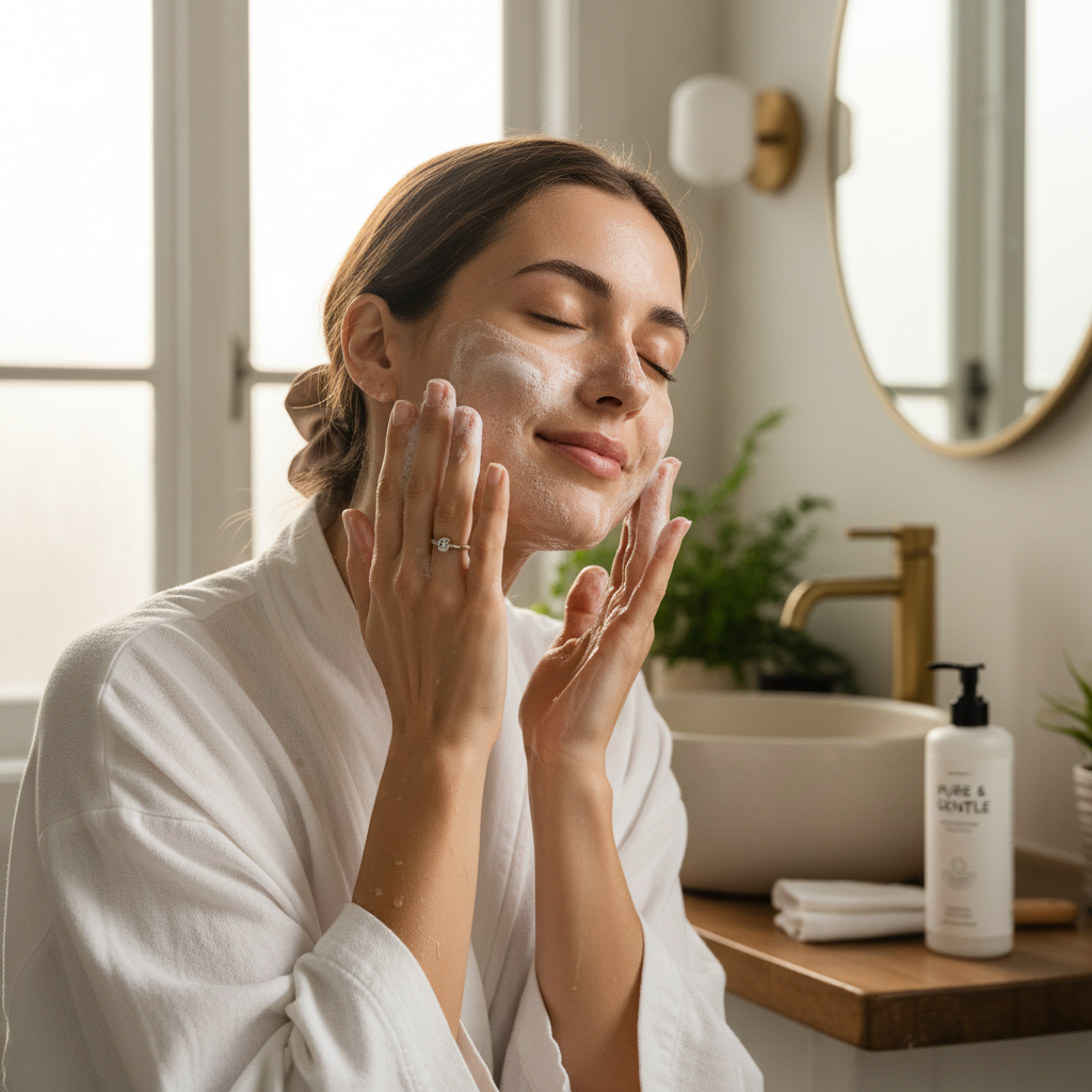 Gentle cleanser being applied to face with clean hands