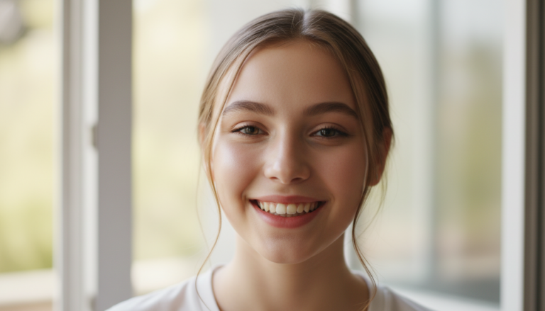 Happy teen girl with clear skin smiling confidently
