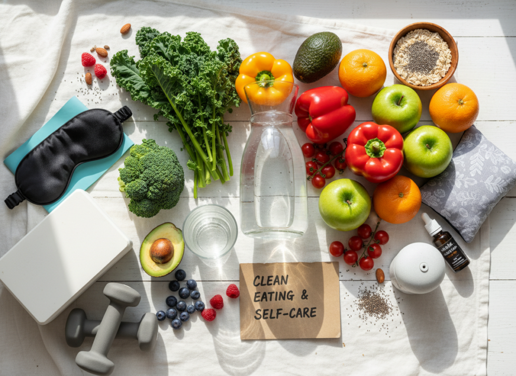 Healthy lifestyle choices for how to get clear skin fast including water, sleep, and nutrition