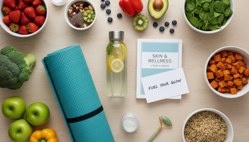 Healthy lifestyle choices supporting clear skin including water and nutrition