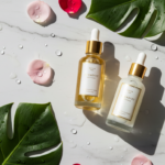 Luxurious serum bottles with droppers on marble surface surrounded by fresh botanicals and water droplets