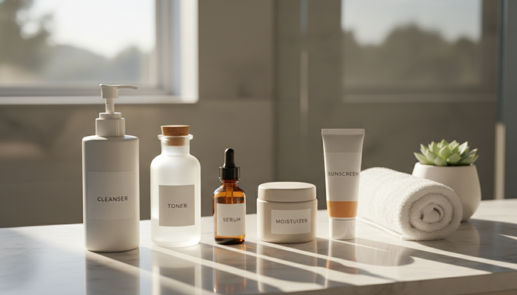 Morning skincare routine products arranged showing how to get clear skin fast each day