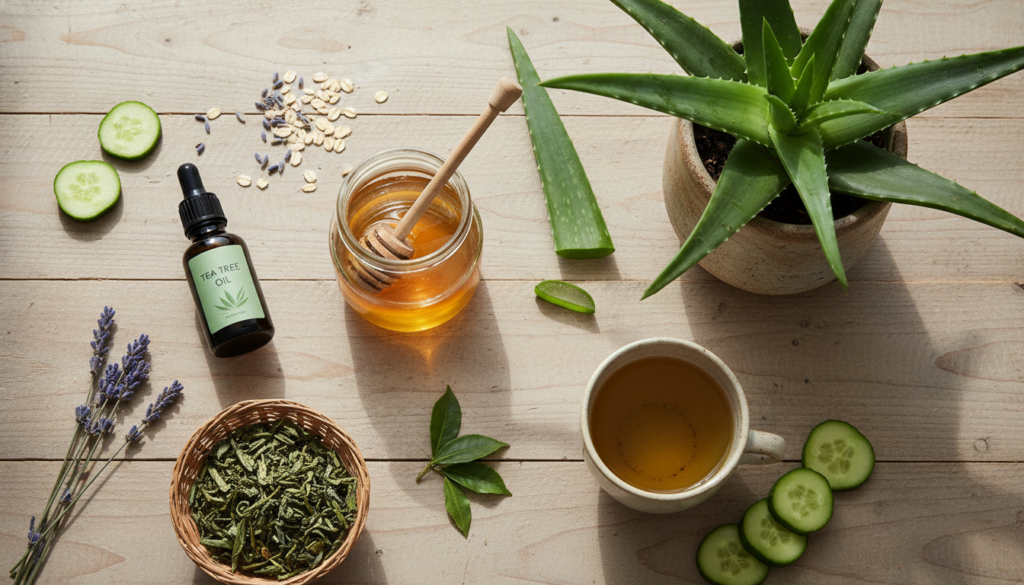 Natural skincare ingredients like honey and tea tree oil