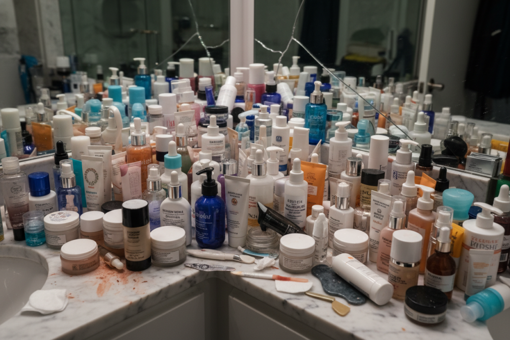 Over-complicated skincare routine with too many products