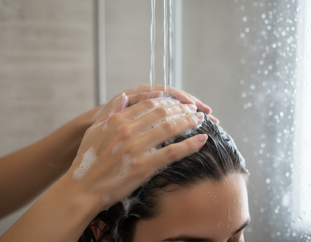 Proper hair washing technique demonstration