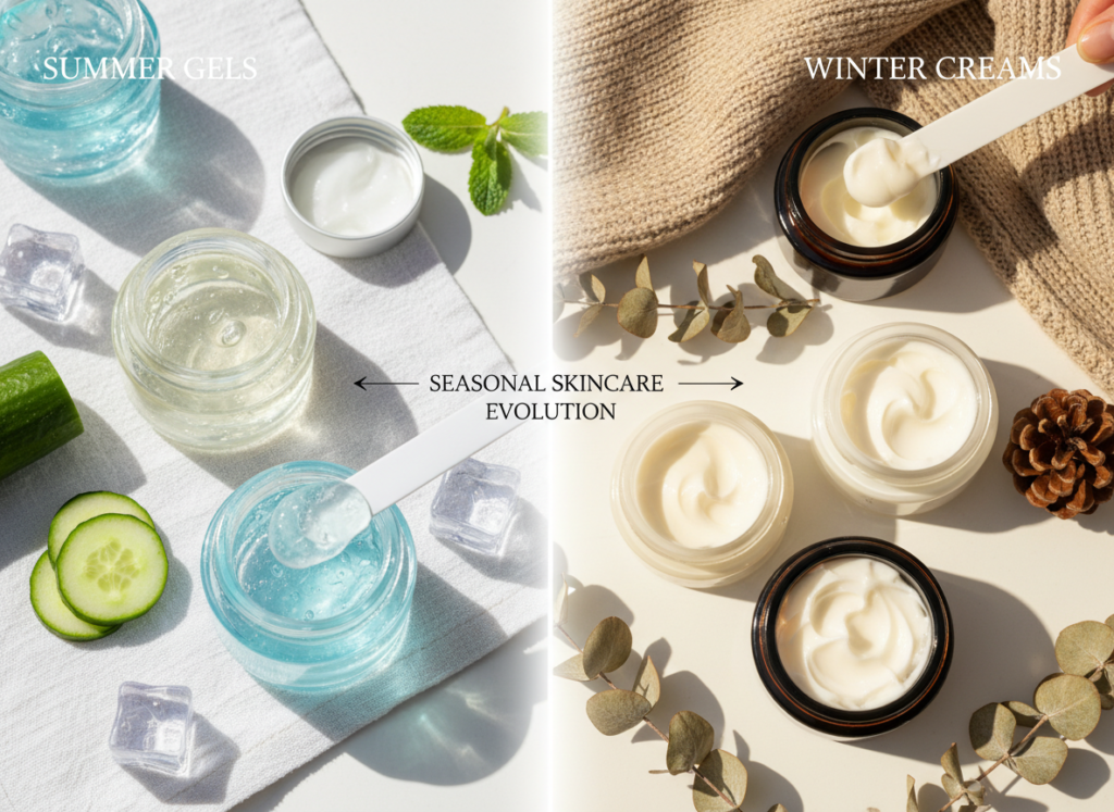 Seasonal skincare products transition from light to rich textures