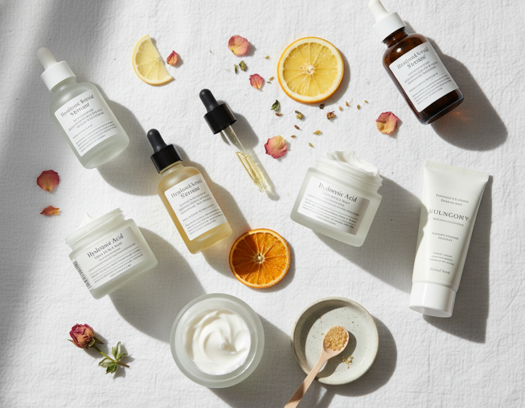 Skin care products with key ingredients for how to get clear skin fast displayed together