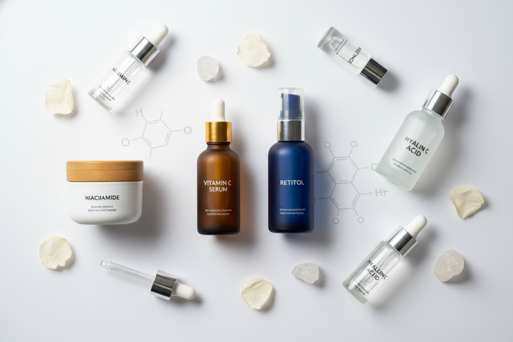 Skincare ingredients display showing vitamin C, retinol and other actives