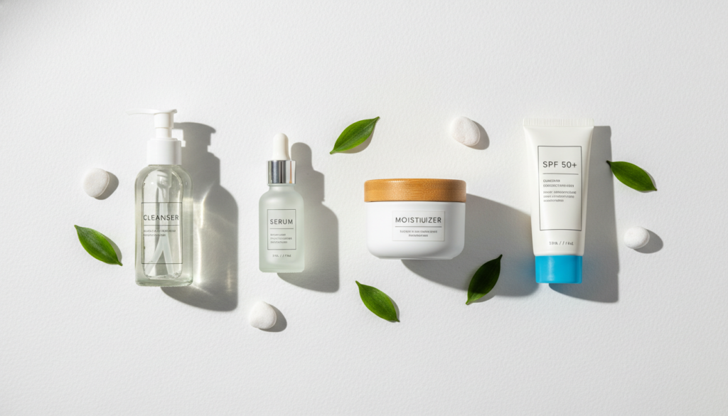 Skincare products arranged in order of application on a clean surface