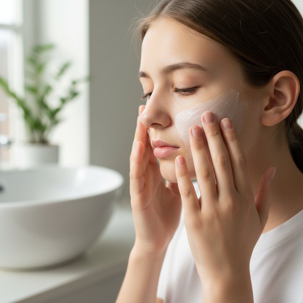 Teen applying moisturizer to face