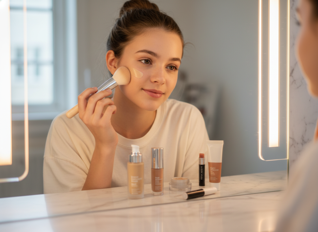 Teen applying non-comedogenic makeup