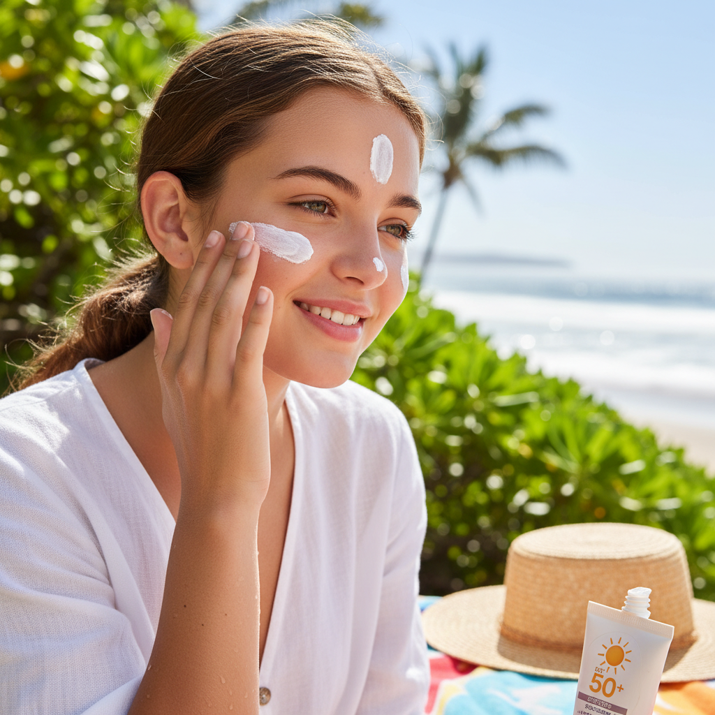 Teen applying sunscreen to face