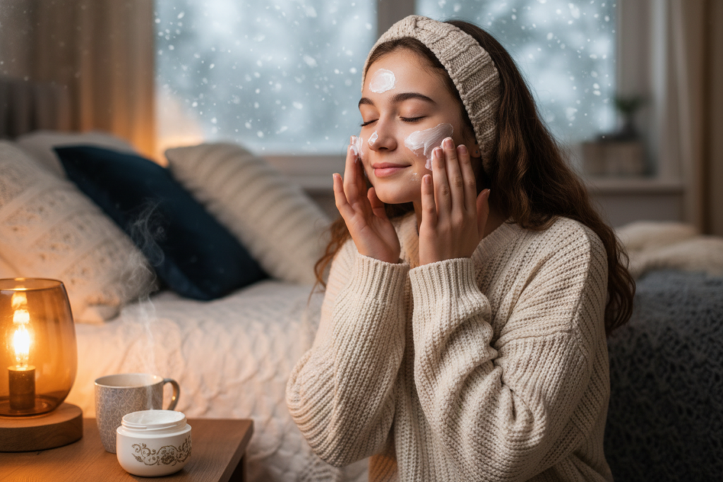 Teen applying winter skincare products