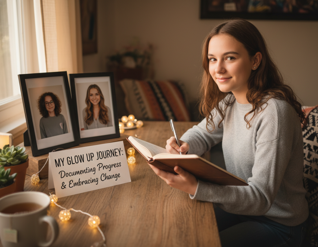 Teen documenting glow up progress in journal