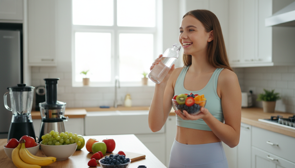 Teen drinking water and eating healthy food