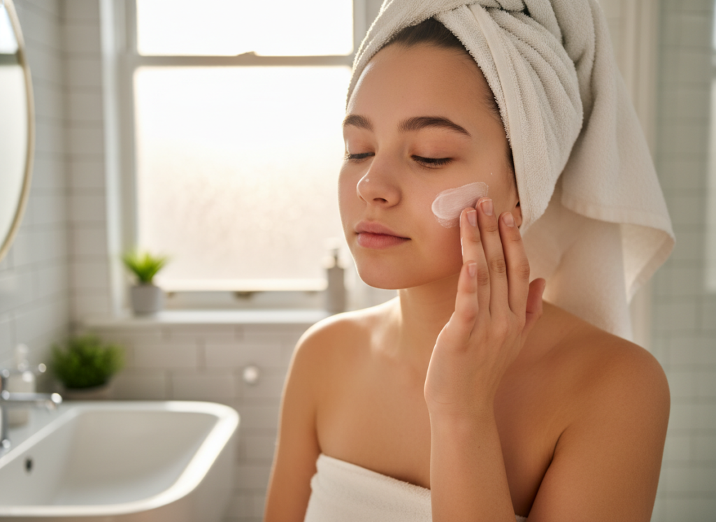 Teen girl applying moisturizer to face properly