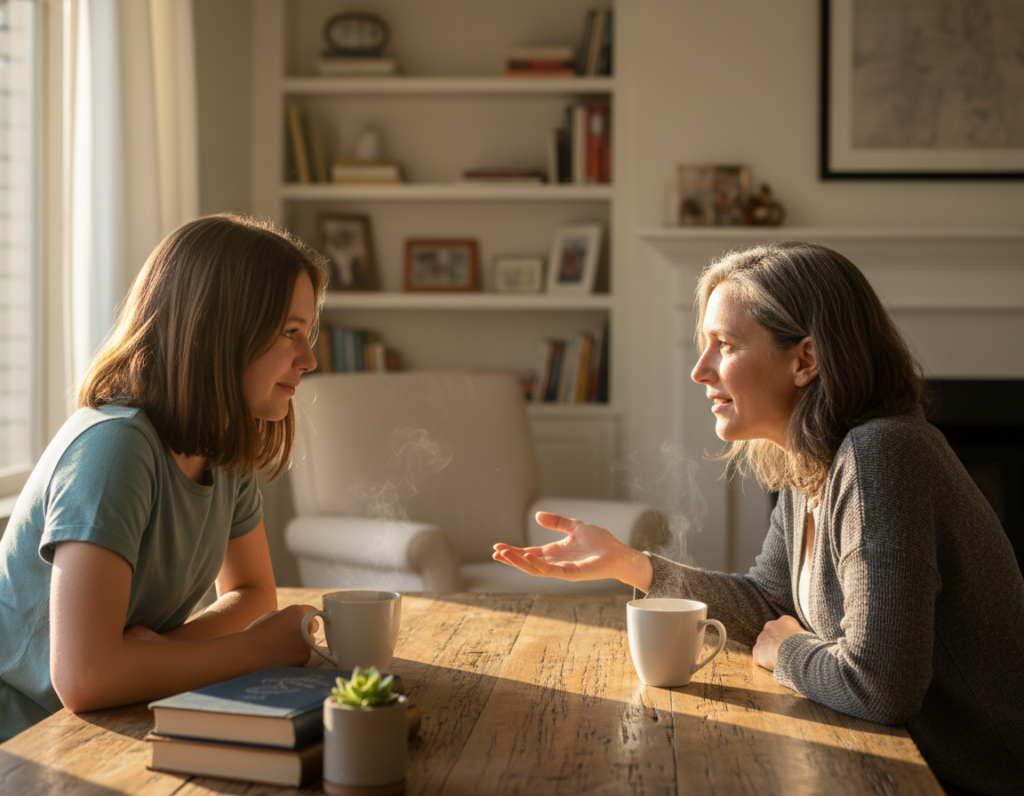 Teen having positive conversation with parent