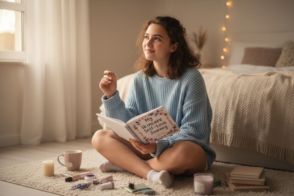 Teen journaling about skincare journey