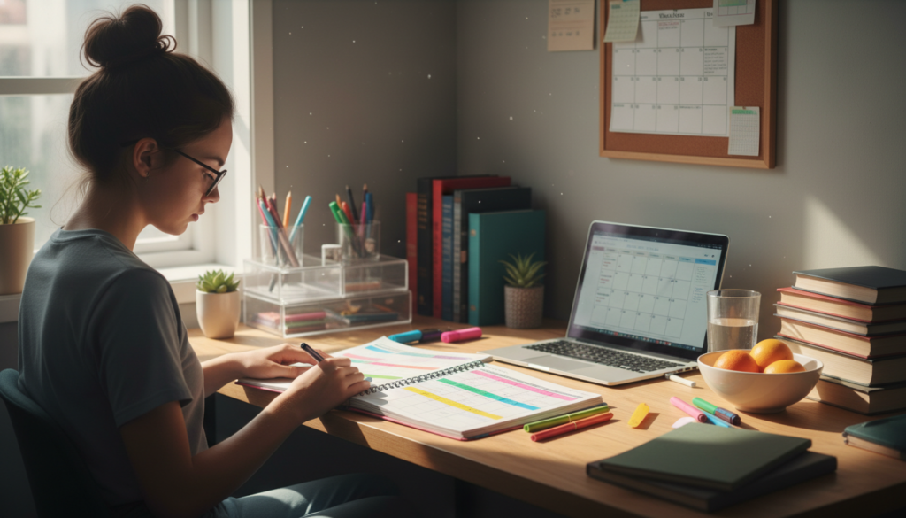 Teen organizing schedule and planning tasks