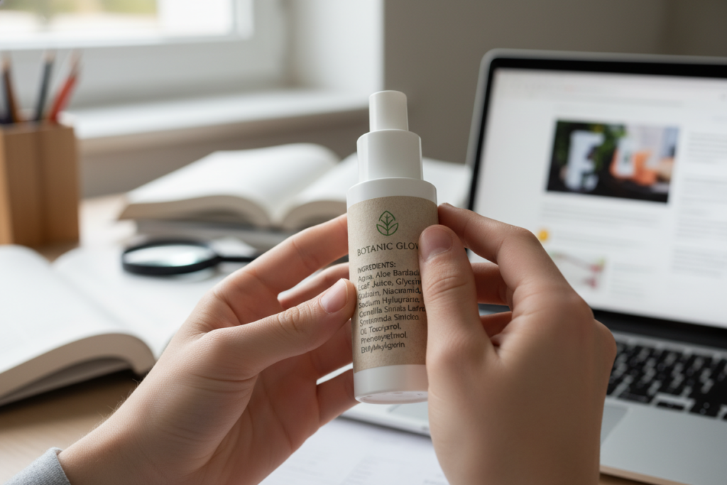 Teen reading skincare product label