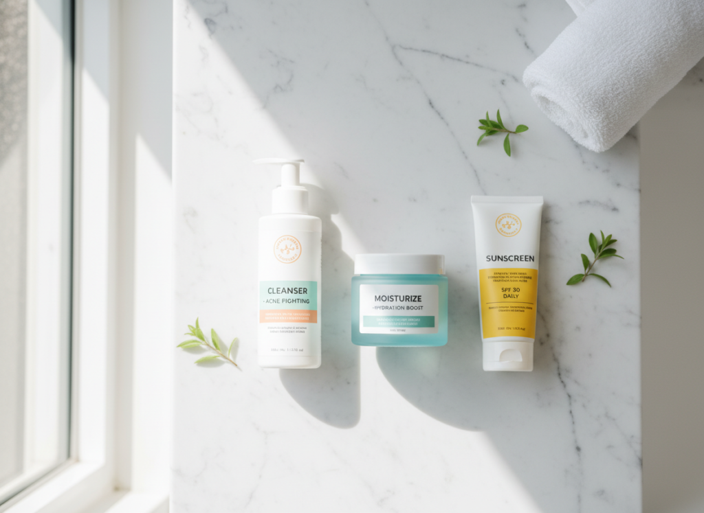 Teen skincare products arranged on bathroom counter