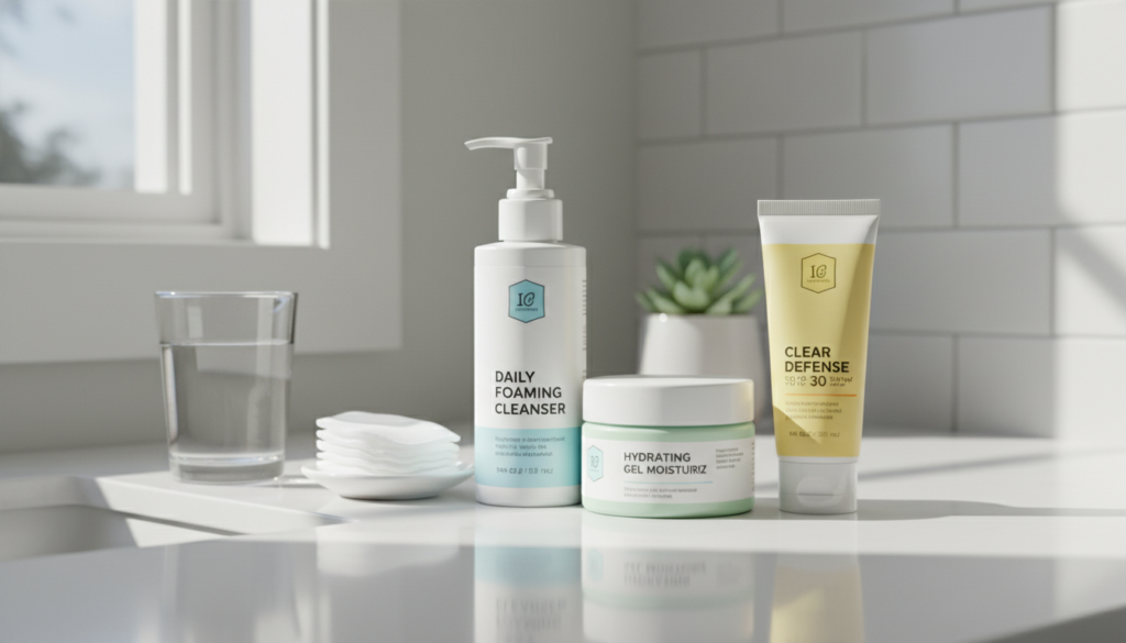 Teen skincare products arranged on clean bathroom counter