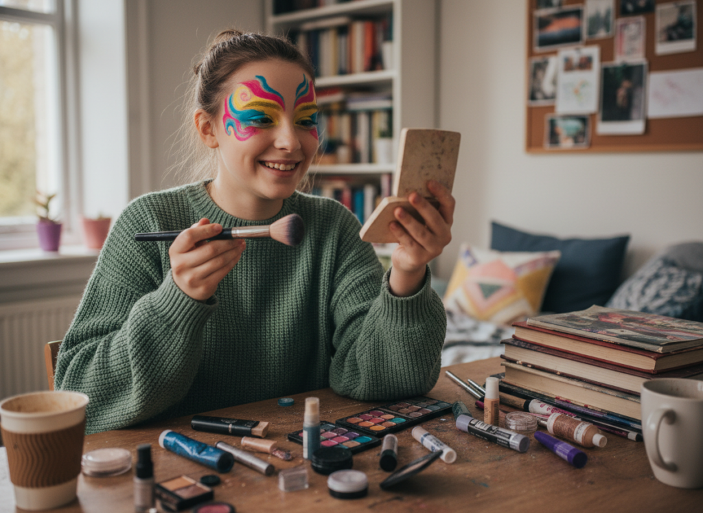 Teen trying creative makeup look at home