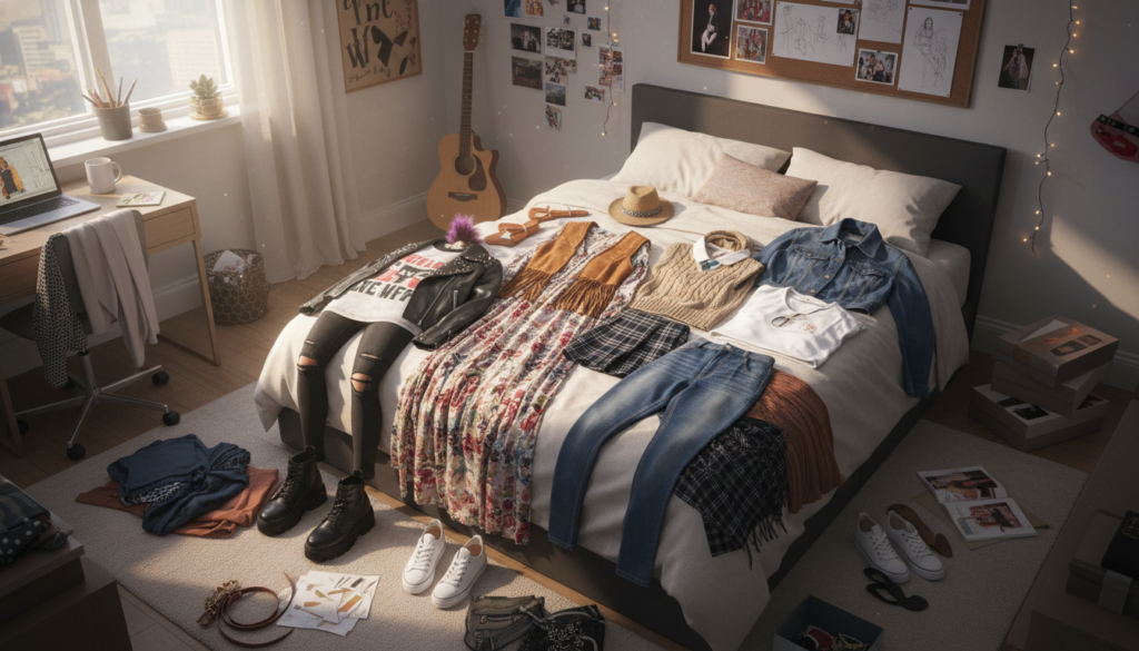Teen trying different outfit combinations in bedroom