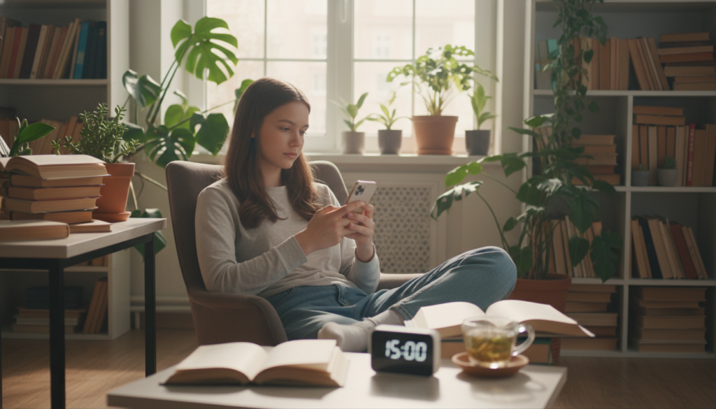 Teen using phone mindfully with healthy boundaries