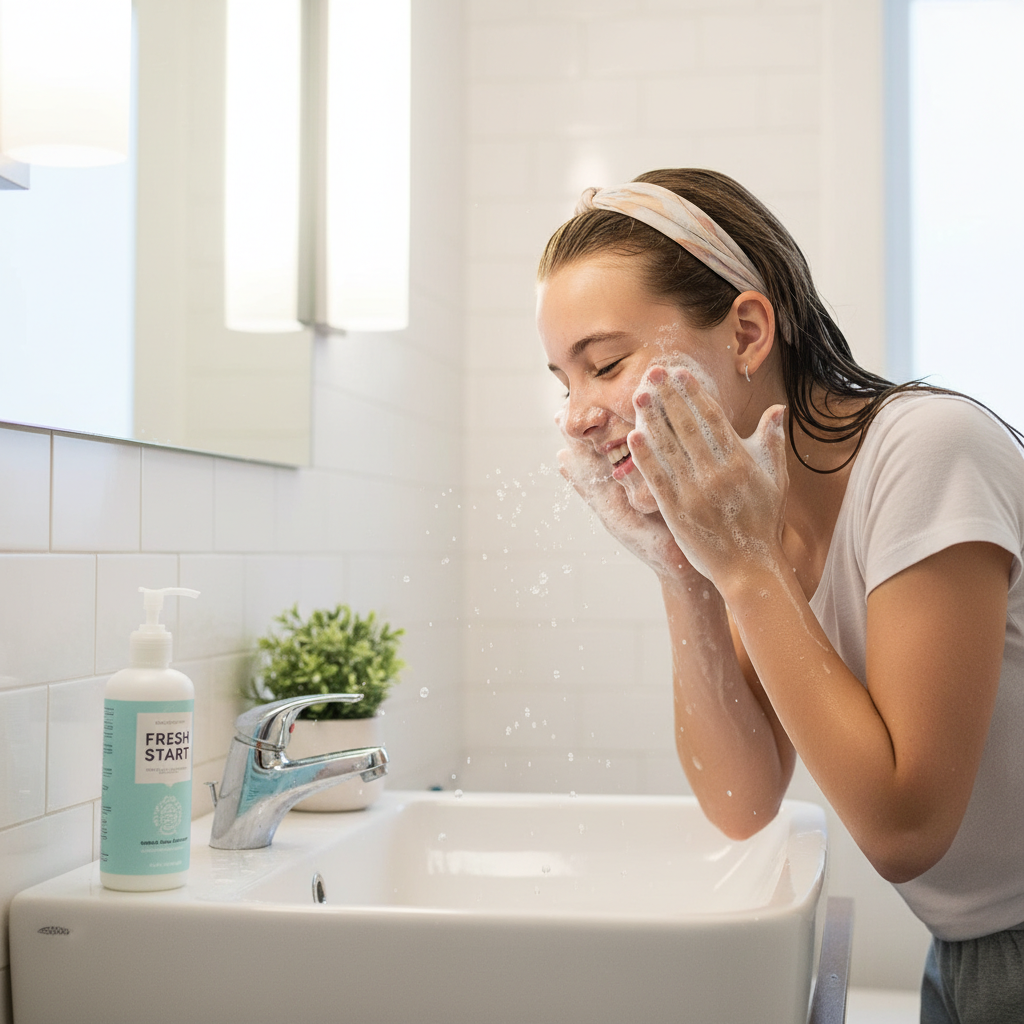 Teen washing face with gentle cleanser